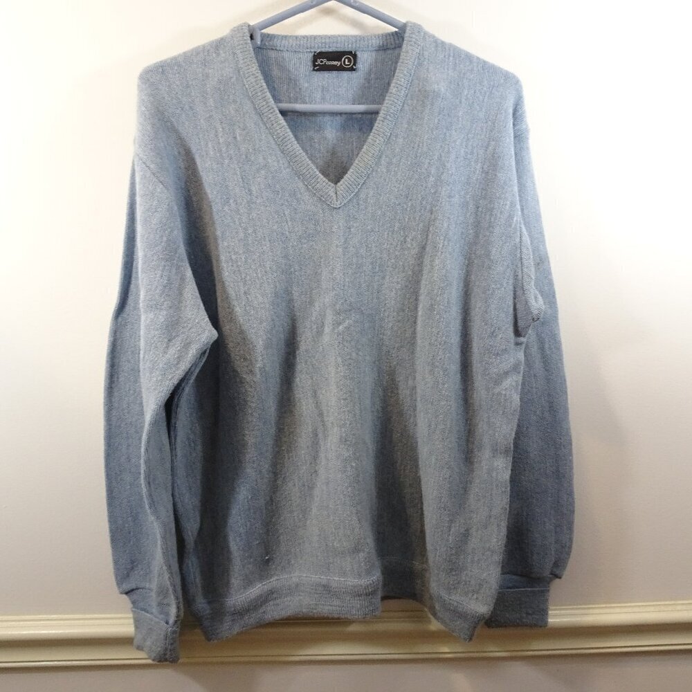Vintage JCPENNEY Light Blue V-Neck Sweater Size L Wool Blend Grandpa Core